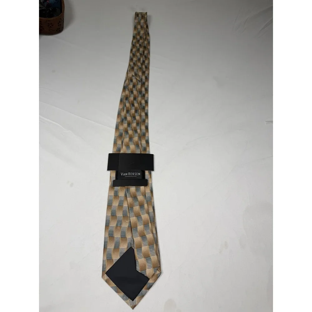 Van Heusen Mens Silk Tie Gold Tan Grey Geometric Block Pattern Hand Made Necktie